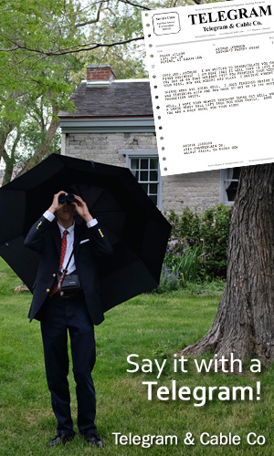 Say it with a Telegram - Man with umbrella and binoculars outdoors, with example Telegram overlay